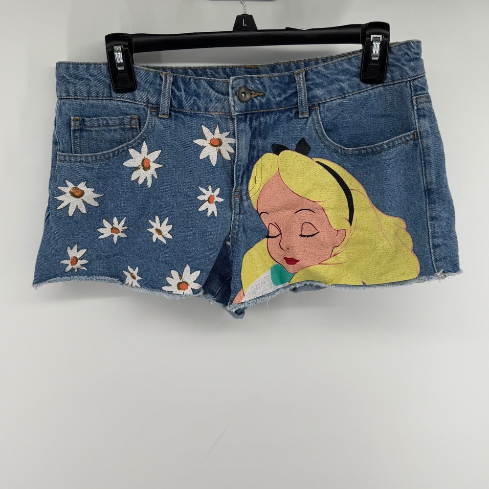 Disney Alice in Wonderland Daisy Graphic Denim Cut Off Bootie Shorts Blue Size 9